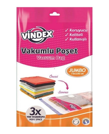Vindex Vakumlu Giyisi Yastık Yorgan Saklama Torbası Poşeti Hurç - Jumbo - 73x130 Cm. - 10 Paket