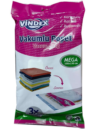 Vindex Vakumlu Giyisi Yastık Yorgan Saklama Torbası Poşeti Hurç - Mega - 100x130 Cm. - 3 Paket