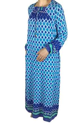 KADIN KARE YAKA KOLAĞZI LASTİKLİ ETNİK DESENLİ UZUN ELBİSE