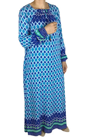 KADIN KARE YAKA KOLAĞZI LASTİKLİ ETNİK DESENLİ UZUN ELBİSE