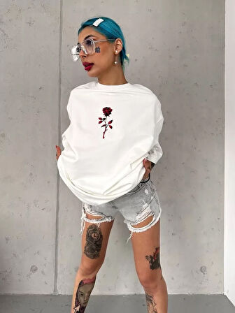 civetta Unisex Bisiklet Yaka Baskılı Oversize T-Shirt - Beyaz