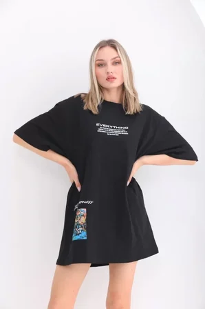 civetta Unisex Bisiklet Yaka Baskılı Oversize T-Shirt - Siyah