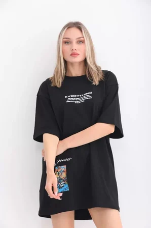 civetta Unisex Bisiklet Yaka Baskılı Oversize T-Shirt - Siyah