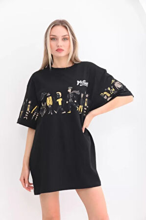 civetta Unisex Bisiklet Yaka Baskılı Oversize T-Shirt - Siyah