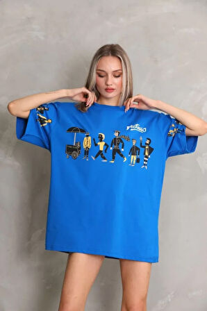 civetta Unisex Bisiklet Yaka Baskılı Oversize T-Shirt - Mavi
