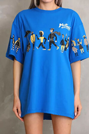 civetta Unisex Bisiklet Yaka Baskılı Oversize T-Shirt - Mavi
