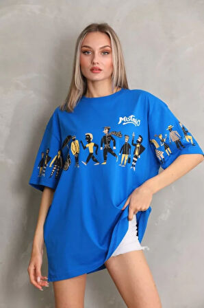 civetta Unisex Bisiklet Yaka Baskılı Oversize T-Shirt - Mavi