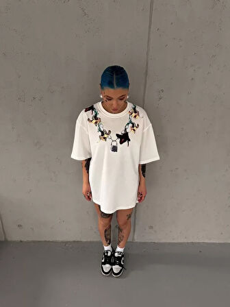 civetta Unisex Bisiklet Yaka Baskılı Oversize T-Shirt - Beyaz
