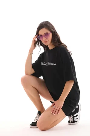 civetta Unisex Bisiklet Yaka Baskılı Oversize T-Shirt - Siyah