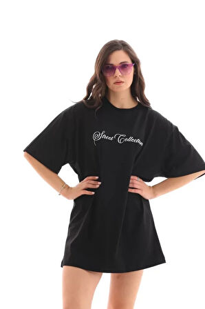 civetta Unisex Bisiklet Yaka Baskılı Oversize T-Shirt - Siyah