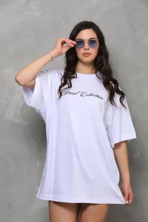 civetta Unisex Bisiklet Yaka Baskılı Oversize T-Shirt - Beyaz