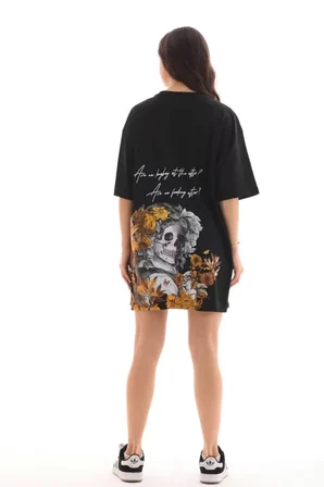 civetta Unisex Bisiklet Yaka Baskılı Oversize T-Shirt - Siyah