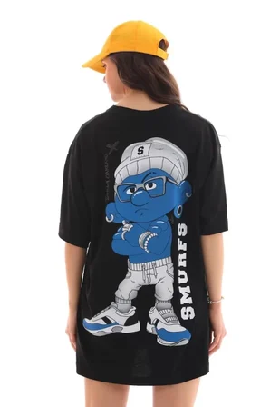 civetta Unisex Bisiklet Yaka Baskılı Oversize T-Shirt - Siyah