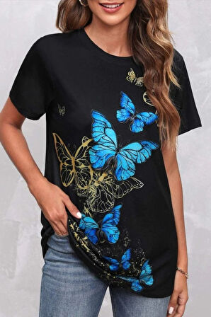 civetta Kadın Kısa Kollu Mavi Sarı Kelebek Baskı Süprem T-shirt