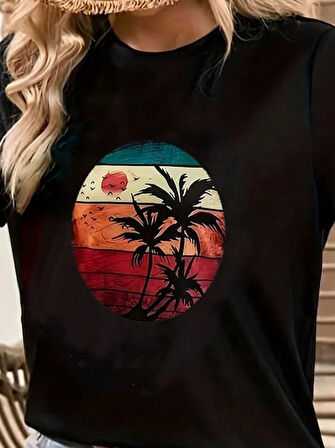 civetta Kadın Kısa Kollu Palmiye Baskılı Viskon T-shirt