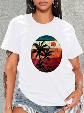 civetta Kadın Kısa Kollu Palmiye Baskılı Viskon T-shirt