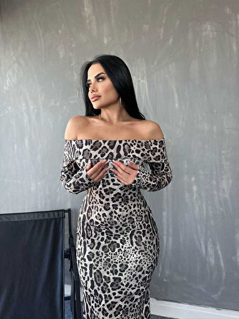 civetta Kadın Madonna Yaka Dalgıç Kumaş Leopar Desen Maxi Boy Derin Yırtmaçlı Elbise