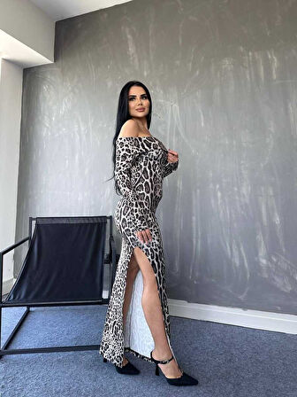 civetta Kadın Madonna Yaka Dalgıç Kumaş Leopar Desen Maxi Boy Derin Yırtmaçlı Elbise