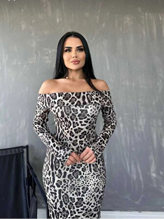 civetta Kadın Madonna Yaka Dalgıç Kumaş Leopar Desen Maxi Boy Derin Yırtmaçlı Elbise