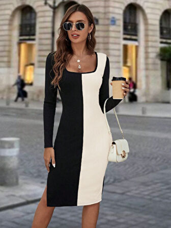 civetta Kadın Uzun Kollu çift Renk Midi Boy Triko Elbise