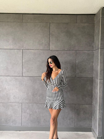 civetta Kadın Uzun Kollu Kruvaze Yaka Kazayağı Mikro Mini Boy Elbise