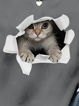 civetta Kadın Uzun Kollu Bisiklet Yaka Kedi Desenli Viskon Iki Iplik Bluz