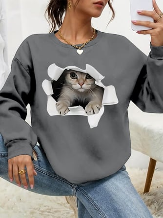 civetta Kadın Uzun Kollu Bisiklet Yaka Kedi Desenli Viskon Iki Iplik Bluz