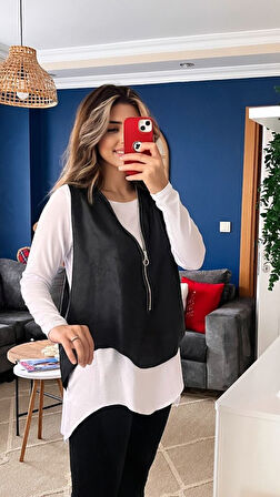 civetta Kadın Uzun Kol Asimetrik Kesim Viskon Bluz Ve çatlak Deri Görünümlü Fermuar Detaylı Yelek Ik