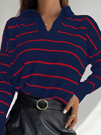 civetta Kadın Uzun Kollu V Yaka çizgili Triko Bluz