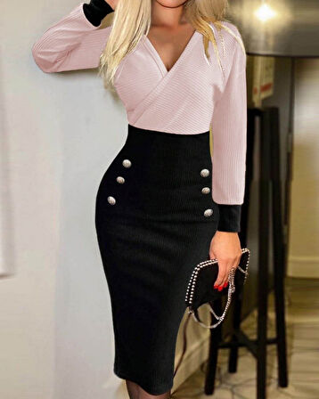 civetta Kadın Uzun Kollu Kruvaze Yakalı Düğme Blok Desenli Kaşkorse Elbise