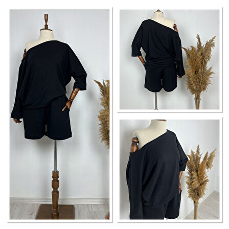 civetta Kadın Kayık Yaka Oversize Asimetrik Bluz Ve şort Iki Iplik Takım