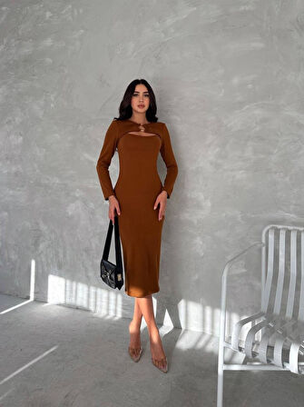 civetta Kadın Uzun Kollu Halka Ve Pencere Dekolte Detay Fırsat ürün Midi Boy Elbise