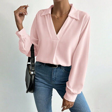 civetta Kadın V Yaka Uzun Kollu Mosskrep Kumaş Bluz