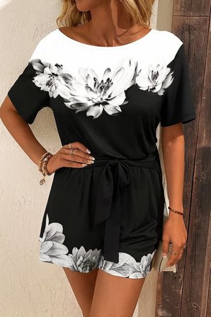 civetta Kadın Tek Omuzu Açık çiçek Desenli Beli Kuşaklı Iki Iplik Mini Short Tulum