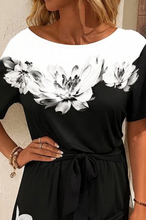 civetta Kadın Tek Omuzu Açık çiçek Desenli Beli Kuşaklı Iki Iplik Mini Short Tulum
