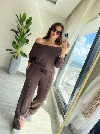 civetta Kadın Uzun Kollu Tek Omuzdan Açık Modal Bluz Ve Pantolon Ikili Takım