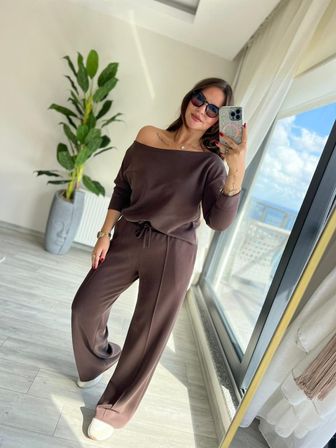 civetta Kadın Uzun Kollu Tek Omuzdan Açık Modal Bluz Ve Pantolon Ikili Takım