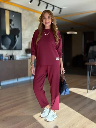 civetta Kadın Uzun Kollu Bisiklet Yaka Viskon Iki Iplik Bluz Ve Pantolon Ikili Takım