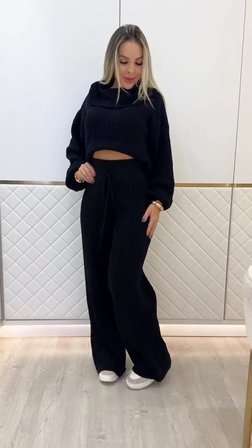 civetta Kadın Uzun Kollu Balıkçı Yaka Kısa Triko Bluz Ve Pantolon Ikili Takım