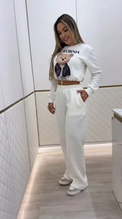 civetta Kadın Uzun Kollu Bisiklet Yaka Desenli Iki Iplik şardonlu Bluz Ve Pantolon Ikili Takım