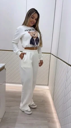 civetta Kadın Uzun Kollu Bisiklet Yaka Desenli Iki Iplik şardonlu Bluz Ve Pantolon Ikili Takım