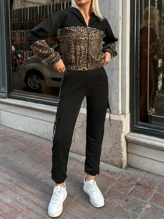 civetta Kadın Uzun Kollu Kapşonlu Leopar Desenli Viskon Iki Iplik Bluz Ve Pantolon Ikili Takım