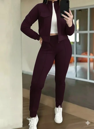 civetta Kadın Uzun Kollu önden Fermuarlı Kısa Modal Mor Ceket Ve Pantolon Ikili Takım