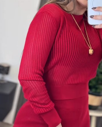 civetta Kadın Uzun Kollu Yuvarlak Yaka Transparan Detaylı Triko Bluz Ve Pantolon Ikili Takım