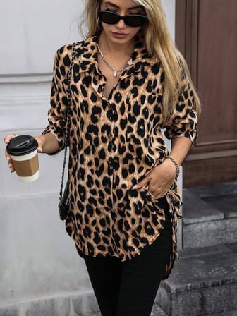 civetta Kadın Uzun Kollu Yakalı önden Düğmeli Yandan Bağcıklı Leopar Desenli Modal Bluz