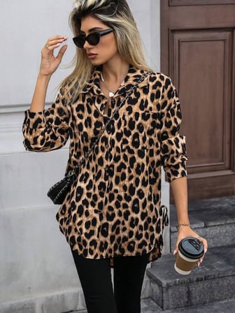 civetta Kadın Uzun Kollu Yakalı önden Düğmeli Yandan Bağcıklı Leopar Desenli Modal Bluz