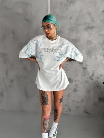 civetta Unisex Bisiklet Yaka Baskılı Oversize T-Shirt - Beyaz