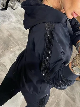 civetta Kadın Uzun Kollu Kapşonlu Pulpayet Detay Viskon Iki Iplik Bluz Ve Pantolon Ikili Takım