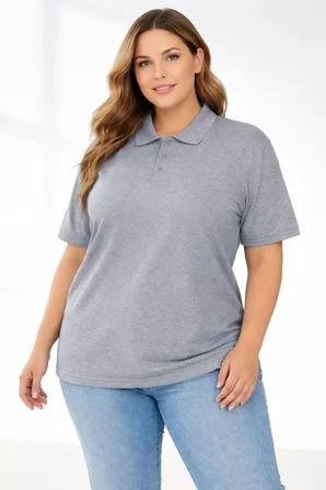 civetta Pike Kumaş Düğmeli Yaka Battal Büyük Beden Günlük Kısa Kol Tişört T-shirt - Gri