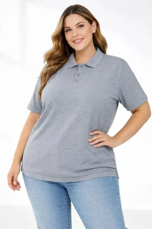 civetta Pike Kumaş Düğmeli Yaka Battal Büyük Beden Günlük Kısa Kol Tişört T-shirt - Gri